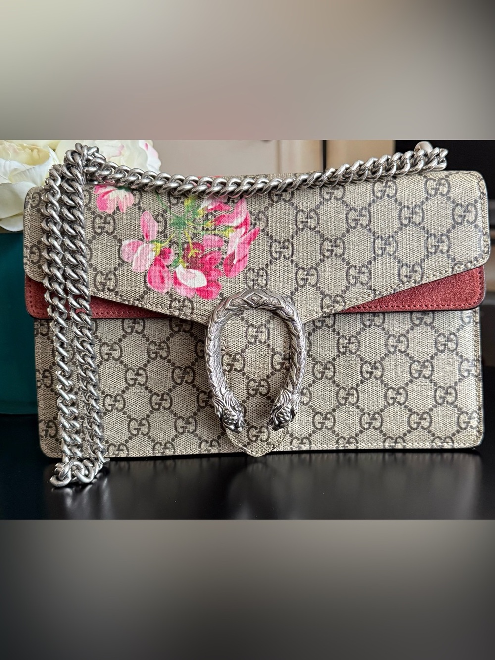 Gucci Blooms Chain Shoulder Bag with Red Trim Medium